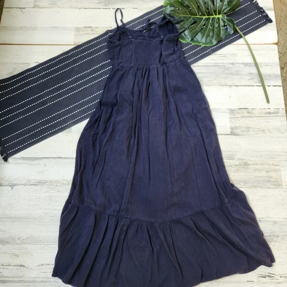 Abercrombie & Fitch Ruffle Hem Lace Bodice Tie Maxi Dress Navy Blue Size SP